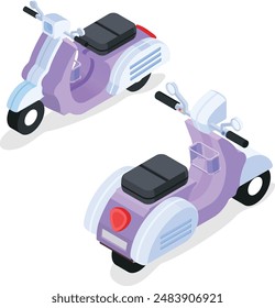 A high-quality, editable vector illustration of a purple isometric scooter with a basket in Both Directions.