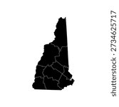 High-quality editable vector map of New Hampshire with detailed county divisions. Fully layered and easy to edit, perfect for print, web, infographics, presentations, education, travel, and professional design projects. EPS format ensures scalable, precise, and editable maps for creative or commercial use.