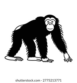 A high-quality EPS vector illustration of a chimpanzee in a dynamic swinging pose, grasping a vine with both hands. This artwork features a professional minimalist style with a solid black body silhouette, detailed white facial features, and clean outlines. The versatile design is ideal for wildlife-themed branding, logos, children's book illustrations, or apparel prints. As a scalable vector asset, it can be easily resized for any project without losing resolution.