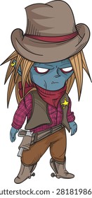 High-quality EPS vector illustration of a cute, funny blue orc character dressed in vintage cowboy attire. Features a classic cowboy hat, sheriff star badge, red bandana, plaid shirt, leather vest, and gun holster. Perfect for Halloween themes, mascot logos, children's book illustrations, t-shirt prints, stickers, posters, gaming avatars, and Wild West fantasy designs. Fully editable and scalable vector format