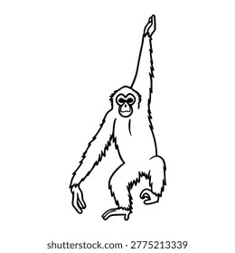 A high-quality EPS vector illustration featuring a gibbon monkey in a vertical hanging pose with one arm extended upward. This artwork is designed in a clean, minimalist line art style with professional black outlines and a simple white fill. The versatile design is ideal for wildlife-themed branding, logos, icons, children's book illustrations, or apparel prints. As a scalable vector asset, it can be easily resized for any project without losing resolution.