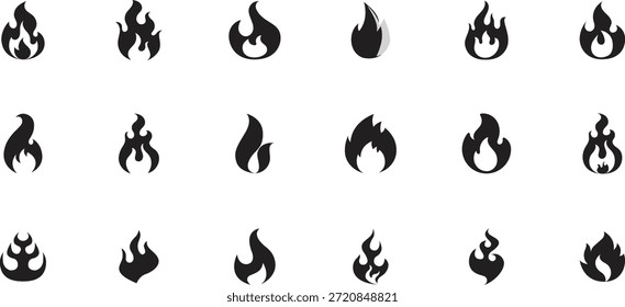 Hochwertige Feuerflammensilhouetten mit dynamischen Brennformen, Funken und lodernden Kanten. Ideal für Designprojekte, Logos, Poster, Hintergründe, Gefahrensymbole, Hitzekonzepte, Notfall-Visuals, Branding, Webgrafiken und kreative Illustrationen, Funken und lodernde Bilder.