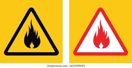 Vetor de sinal de aviso de material inflamável de alta qualidade - ícone de risco de fogo triângulo em amarelo e vermelho Design para rótulos de segurança, uso industrial, precauções no local de trabalho, armazenamento químico e prevenção de riscos