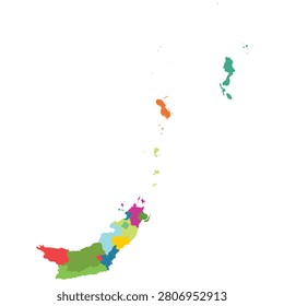 High-quality flat colorful vector map of North Sulawesi (Sulawesi Utara) province in Indonesia. Accurately divided into its 16 administrative regencies and cities including Manado, Bitung, Tomohon, Minahasa, Bolaang Mongondow, Sangihe, and Talaud. This premium vector file features meticulously organized layers, making it incredibly easy to edit for business reports, marine tourism infographics, and layout designs.