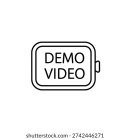High-quality flat design demo video icon with bold text on a clean white background, ideal for presentations, tutorials, and digital media projects.