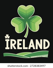 Ilustración de diseño plano de alta calidad de un trébol verde brillante, el símbolo nacional de Irlanda, con un fondo de franja de bandera estilizada, ideal para el Día de San Patricio y temas culturales.