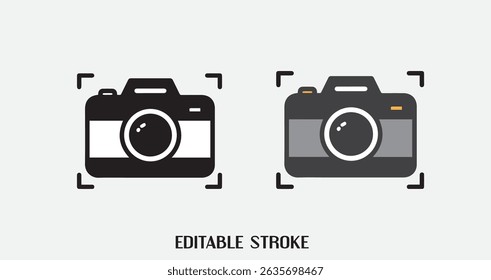High-quality flat design illustration of a DSLR camera with framing guides, suitable for websites, presentations, user interfaces, and graphic design projects.