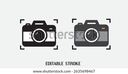 High-quality flat design illustration of a DSLR camera with framing guides, suitable for websites, presentations, user interfaces, and graphic design projects.