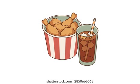 A high-quality flat design vector graphic featuring a takeaway bucket with vertical red and white stripes filled with pieces of fried breaded chicken, accompanied by a tall glass of iced dark carbonated beverage with a drinking straw, isolated on a plain white background.