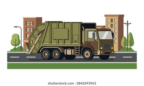 A high-quality flat design vector illustration of a rear-loader garbage truck in olive green and brown accents. The vehicle is shown in profile view on a paved road within a city environment. The background consists of simplified brown apartment buildings, stylized green trees, a streetlamp, and a power line pole under a white sky, representing municipal sanitation services.