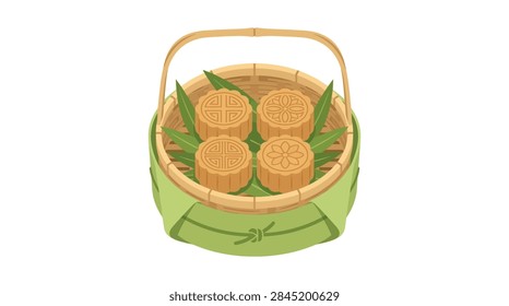 A high-quality flat design vector illustration featuring four golden-brown mooncakes arranged inside a round woven bamboo basket. The cakes display traditional floral and geometric embossed patterns. The basket is lined with fresh green leaves and wrapped in a matching green fabric on the exterior, set against a plain white background representing the Moon Festival traditions.