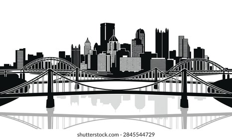 A high-quality flat design vector illustration of the Pittsburgh, Pennsylvania city skyline. The graphic depicts various skyscrapers, urban architecture, and iconic yellow bridges over the river waterfront. The color palette is clean and professional, making it suitable for travel brochures, business presentations, and web design backgrounds