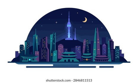 A high-quality flat design vector illustration of the Seoul skyline during the night. The scene features a mix of modern skyscrapers, a prominent communication tower, and the tall tapered skyscraper alongside traditional Korean palace architecture. The color palette is composed of deep blues, purples, and neon accents under a crescent moon and starry sky, all encapsulated in a semi-circular composition.