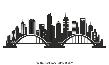 A high-quality flat design vector silhouette of the Pittsburgh, Pennsylvania city skyline. The illustration showcases the downtown metropolitan area with recognizable skyscraper shapes and river bridge structures in a clean, minimalist monochromatic style.