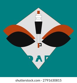 A high-quality flat graphic featuring a stylized spark plug at the center of a white diamond shape. The design incorporates abstract orange and black wings flanking the spark plug against a vibrant teal backdrop. This retro-inspired automotive emblem evokes a vintage garage aesthetic suitable for mechanic branding and motoring enthusiasts.