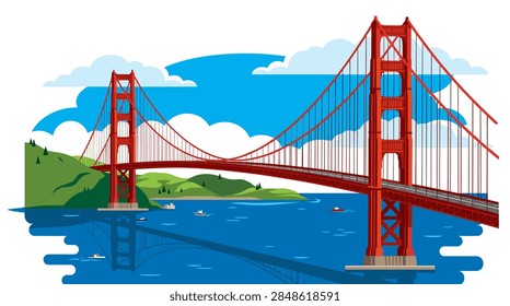A high-quality flat vector design of a famous orange suspension bridge crossing a bay. The scene includes stylized rolling green hills, several small boats on the water, and white clouds against a bright blue sky.