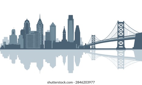 A high-quality, flat vector design of a major metropolitan skyline. The image displays a stylized silhouette of urban buildings, including high-rise office towers and a historic clock tower, alongside a detailed suspension bridge. The entire composition is rendered in a monochromatic blue-gray color palette with a symmetric reflection on the bottom half, creating a balanced and modern aesthetic suitable for travel or architectural themes.