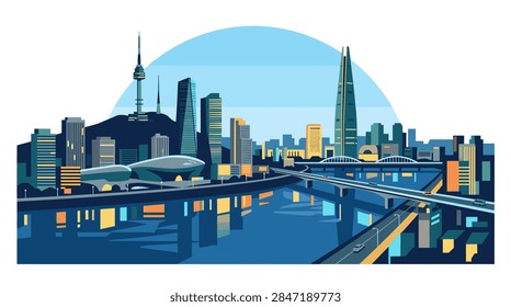 A high-quality flat vector graphic depicting the iconic urban skyline of Seoul, South Korea. The illustration includes major architectural landmarks, modern glass skyscrapers, a communication tower on a hill, and a multi-lane bridge crossing the Han River with reflected lights.