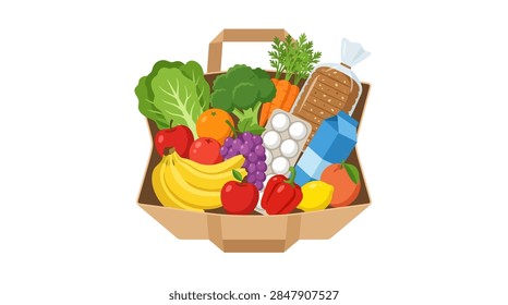 A high-quality flat vector graphic depicting a brown paper shopping bag overflowing with various groceries. The items include green lettuce, broccoli, carrots, a loaf of sliced bread, a blue carton of milk, a carton of white eggs, purple grapes, red apples, yellow bananas, a red bell pepper, and citrus fruits like an orange and lemon. The image represents healthy eating, grocery delivery, and organic food shopping.