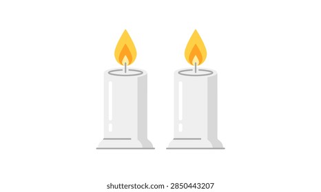 A high-quality flat vector graphic showing two identical white candles burning with vibrant orange flames. This minimalist design represents traditional lighting for Jewish religious observances such as Yom Kippur, Shabbat, or memorial services, set against a clean, isolated white background.