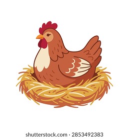 A high-quality flat vector icon of a plump brown mother hen brooding in a cozy straw nest. Ideal for poultry farming, organic agriculture, and rural lifestyle designs.