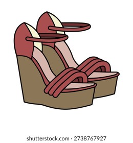 High-quality flat vector illustration of contemporary women’s platform wedge sandals featuring a vibrant red upper, ankle strap, and thick wedge sole. Designed in a clean clipart style, this summery footwear graphic is ideal for fashion blogs, seasonal advertising, e-commerce catalogs, and apparel branding.