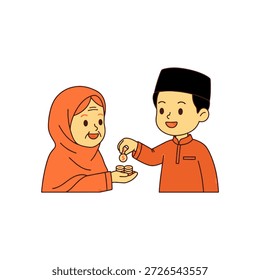 Uma ilustração vetorial plana de alta qualidade com um jovem muçulmano em um tradicional "baju koko" e "peci" alegremente dando moedas de ouro como Sadaqah para uma mulher idosa em um hijab. Esta cena animadora representa os valores islâmicos da caridade, infaq, e zakat, que são especialmente proeminentes durante o mês sagrado do Ramadã e a celebração do Eid Al-Fitr (Lebaran). A paleta de cores laranja quente e design de personagem bonito torná-lo perfeito para cartazes de campanha de caridade, materiais de educação religiosa, banners de doação, ou conteúdo de mídia social focado em bondade e doação. O design é isolado em um fundo branco para fácil utilização em qualquer projeto criativo