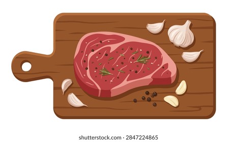 A high-quality flat vector illustration featuring a fresh, raw marbled beef steak placed on a rustic brown wooden cutting board. The meat is seasoned with scattered black peppercorns and fresh rosemary sprigs. Beside the steak are multiple peeled garlic cloves and a complete head of garlic, all depicted on a clean white background.