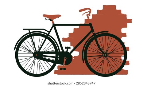 A high-quality flat vector illustration featuring a dark green retro commuter bicycle parked against a partial red brick wall. The bicycle includes detailed components like a rear rack, mudguards, a chain guard, and brown leather accents on the seat and handles. The entire scene is isolated on a clean white background, suitable for urban lifestyle or eco-friendly transportation concepts.