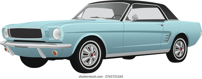 A high-quality flat vector illustration of a vintage 1960s American muscle car, Classic 1960s American Pony Car Vector Illustration