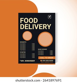 High-quality food delivery flyer design for promoting restaurant services, takeaways, and online ordering. This template includes editable text areas for menu items, prices, and contact info.
