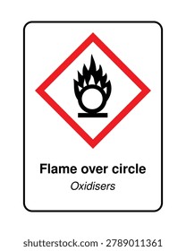High-quality GHS oxidizer hazard sign featuring the internationally recognized flame over circle pictogram used to identify oxidising substances and materials. Ideal for chemical safety documentation, hazardous material labeling, workplace training, laboratory environments, industrial facilities, and regulatory compliance applications.