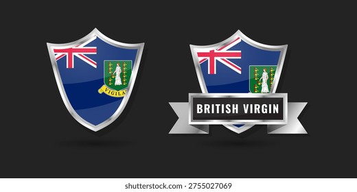 High-quality glossy silver shield emblems with the flag of British Virgin Islands. Includes name banner. Perfect for Caribbean maritime, tourism, and patriotic colonial identity designs.
