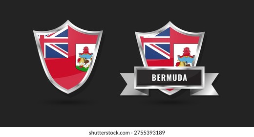 High-quality glossy silver shield emblems with the flag of Bermuda (Red Ensign). Includes badge with name ribbon. Perfect for Atlantic island, British, and patriotic colonial identity designs