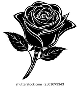  ist eine hochwertige Grafik-Design-Datei mit einer eindrucksvollen Illustration einer Rose Knospe komplett in Schwarz gerendert. Dieses Design fängt die elegante und geheimnisvolle Essenz der Rose, sodass es ideal 