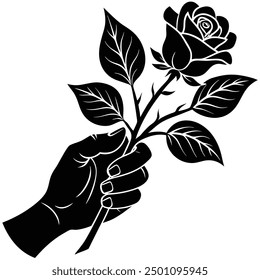 is a high-quality graphic design file featuring a striking silhouette of a hand delicately holding a rose. This design captures a sense of elegance and romance with its clean, bold lines, making it id
