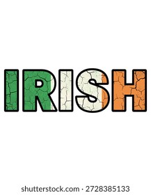 Gráfico de alta calidad con texto irlandés angustiado audaz con una textura rústica y envejecida en verde y naranja, ideal para el Día de San Patricio y diseños culturales.