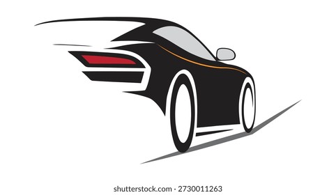 A high-quality graphic illustration of a sleek black sports car viewed from the side, with a red taillight and orange accent line, set against a transparent background, perfect for design and automotive themes.