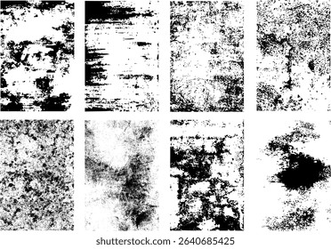 High-quality grunge texture vector pack: 8 unique Black and white patterns. Adds worn, vintage, or rough aesthetic to designs, backgrounds, and overlays. Ideal for digital artists, branding, and print