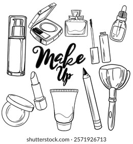 A high-quality hand-drawn illustration of cosmetic products and compact writing, showing a composition of makeup with modern and stylish elements.