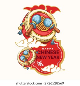 Una ilustración dibujada a mano de alta calidad con un conjunto de tambores chinos rojos tradicionales, a menudo utilizados en desfiles y celebraciones festivas. El tambor principal está decorado con un carácter dorado "Fu" que representa la buena fortuna y la suerte, y está acompañado por baquetas y elegantes borlas. El diseño incluye un marco decorativo rojo atrevido con la tipografía "FELIZ AÑO NUEVO CHINO", acentuado por motivos de nube de la suerte blanca. Este vibrante gráfico es perfecto para tarjetas de felicitación del Año Nuevo Lunar, carteles de eventos culturales, promociones en redes sociales y marcas minoristas de temporada.