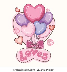 A high-quality, hand-drawn illustration featuring a vibrant bundle of heart-shaped balloons in shades of pink and purple. The balloons are tied together with a decorative dark pink ribbon bow and set against a large soft pink heart backdrop. The design is accented with delicate rose icons and small hearts, and features the stylized typography "Loves" on a stitched-border banner at the bottom. This charming and playful graphic is perfect for Valentine's Day greeting cards, digital stickers, romantic event invitations, and seasonal marketing assets.