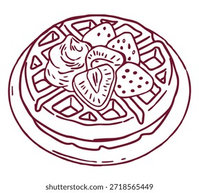 Eine handgezeichnete Vektorgrafik von hoher Qualität mit einer köstlichen belgischen Waffel, die mit frischen Erdbeerscheiben und einem Haufen Schlagsahne bedeckt ist. Diese detaillierte Linie Kunst erfasst die Textur der Waffel und die Samen der Früchte, sodass es perfekt für Restaurant-Menüs, Frühstück Café Branding, Bäckerei Logos, Kochbuch Illustrationen, und Lebensmittel-bezogene Grafik-Design-Projekte. Der saubere, minimalistische Stil eignet sich sowohl für Print- als auch für digitale Medien und bietet Food-Blogs, kulinarischen Websites und Marketingmaterialien für Brunch-Spots oder Dessert-Shops eine professionelle Note.