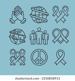  A high-quality icon collection for World Cancer Day, featuring awareness ribbons, medical symbols, hands, hearts, and global unity themes. Perfect for campaigns, posters, social media, and advocacy m