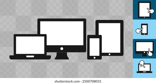 High-quality icons of a laptop, desktop, tablet, and smartphone, plus intuitive touch gestures, ideal for responsive websites, mobile apps, and presentations. vector illustration concept