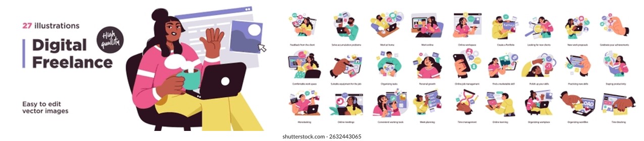 High-quality illustration bundle featuring 27 freelance-related scenes including remote work, productivity, client feedback, planning, and skill-building.