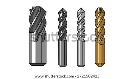 High-quality illustration of four metal milling cutter tools, ideal for industrial and manufacturing contexts, showcasing precision engineering and metalworking capabilities.
