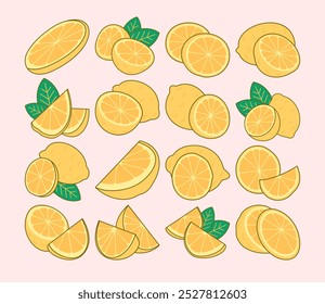 High-quality Illustration graphics of lemons in various poses, including whole lemons, halves, and slices. Ideal for food packaging, websites, and more.