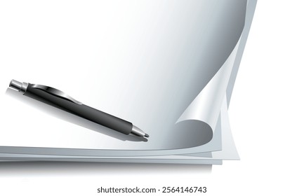 High-quality illustration of a sleek black pen placed on a stack of blank papers. Ideal for concepts like writing, productivity, office work, and stationery.