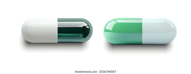 Ilustración de alta calidad de dos cápsulas médicas verdes y blancas aisladas sobre un fondo blanco. Ideal para su uso en proyectos relacionados con la salud, la medicina, los suplementos y los productos farmacéuticos. Vector